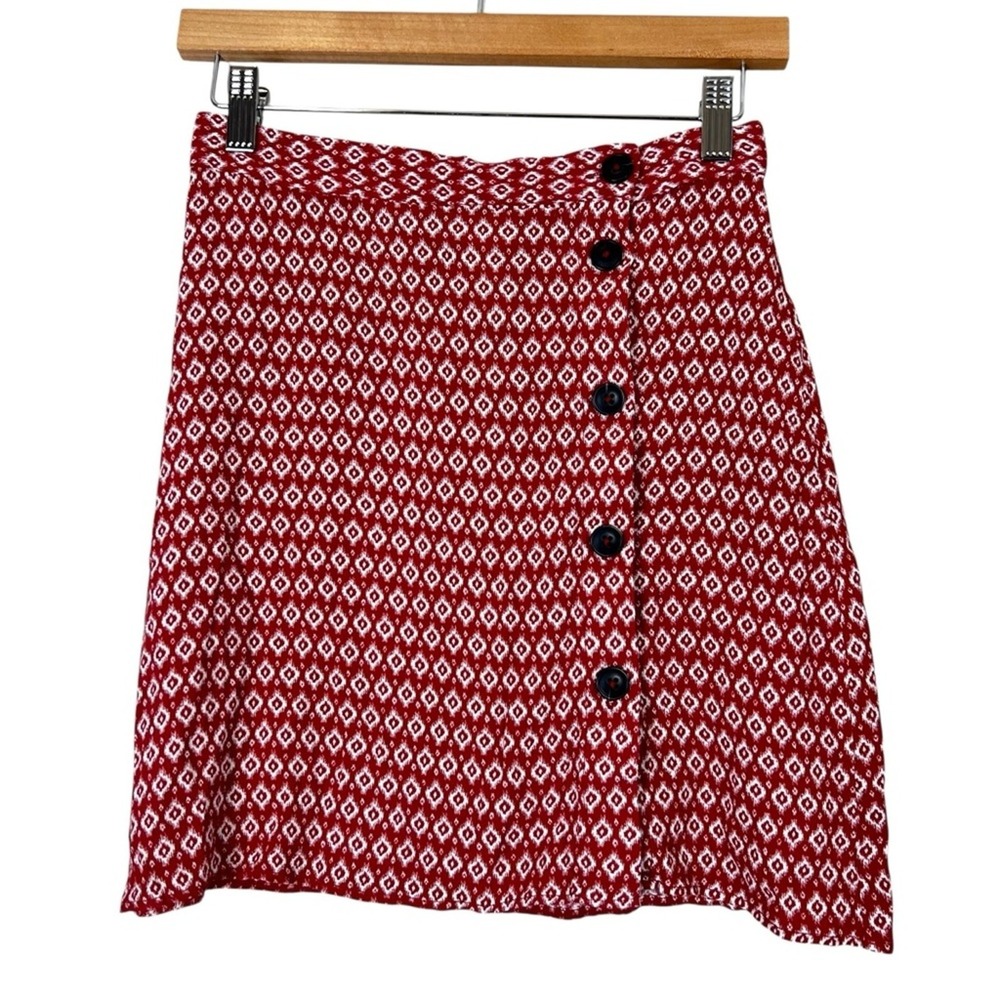 H&M Button Front Mini Skirt Womens 4 Red White Geometric 100% Viscose Indie Boho